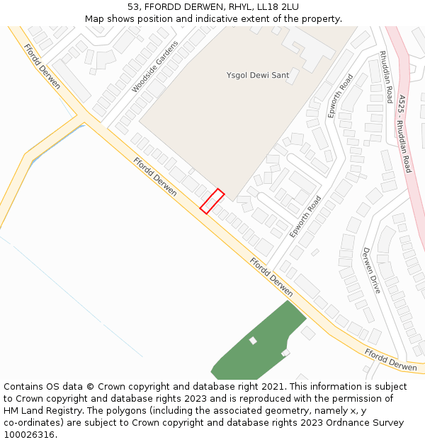 53, FFORDD DERWEN, RHYL, LL18 2LU: Location map and indicative extent of plot