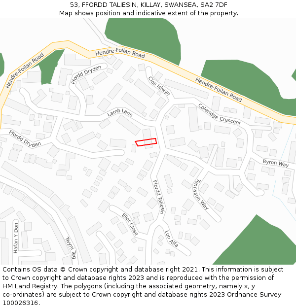 53, FFORDD TALIESIN, KILLAY, SWANSEA, SA2 7DF: Location map and indicative extent of plot