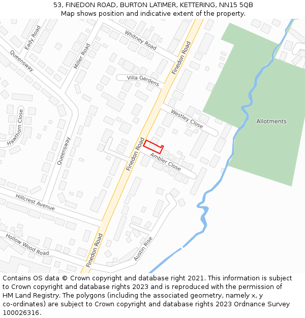 53, FINEDON ROAD, BURTON LATIMER, KETTERING, NN15 5QB: Location map and indicative extent of plot