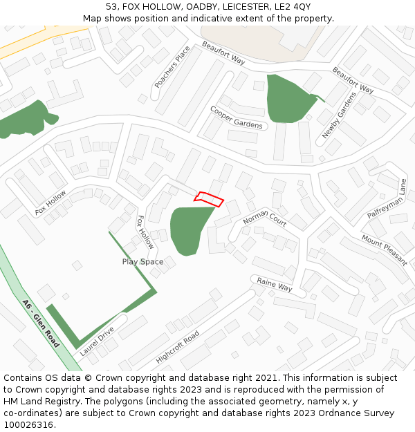53, FOX HOLLOW, OADBY, LEICESTER, LE2 4QY: Location map and indicative extent of plot