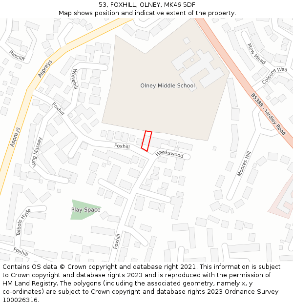 53, FOXHILL, OLNEY, MK46 5DF: Location map and indicative extent of plot