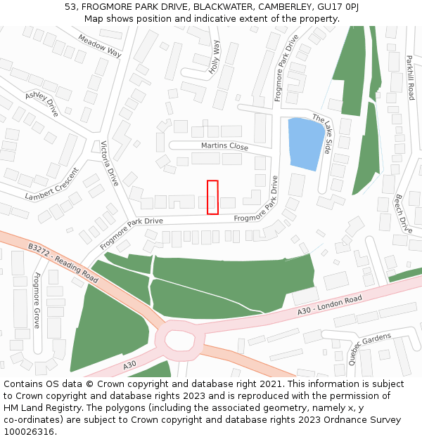 53, FROGMORE PARK DRIVE, BLACKWATER, CAMBERLEY, GU17 0PJ: Location map and indicative extent of plot