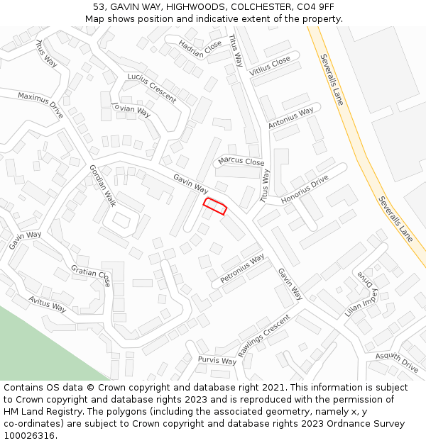 53, GAVIN WAY, HIGHWOODS, COLCHESTER, CO4 9FF: Location map and indicative extent of plot