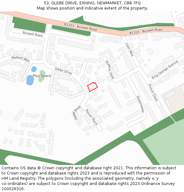 53, GLEBE DRIVE, EXNING, NEWMARKET, CB8 7FQ: Location map and indicative extent of plot