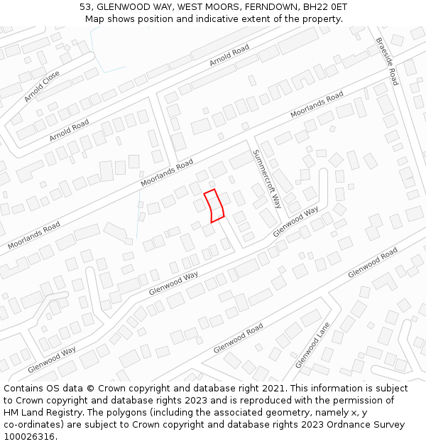 53, GLENWOOD WAY, WEST MOORS, FERNDOWN, BH22 0ET: Location map and indicative extent of plot