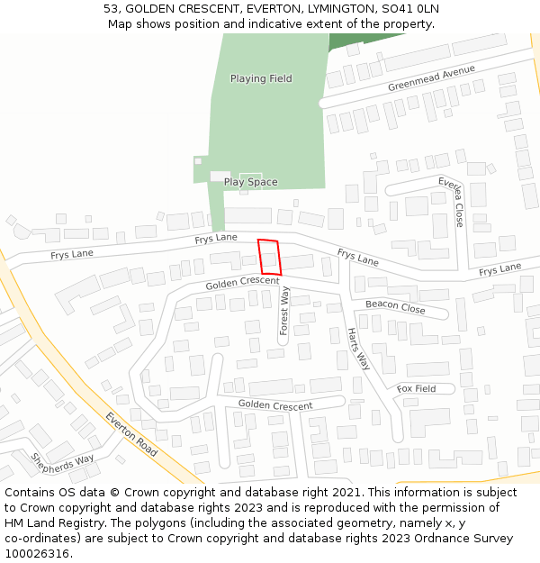 53, GOLDEN CRESCENT, EVERTON, LYMINGTON, SO41 0LN: Location map and indicative extent of plot