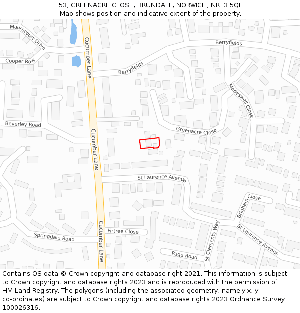 53, GREENACRE CLOSE, BRUNDALL, NORWICH, NR13 5QF: Location map and indicative extent of plot