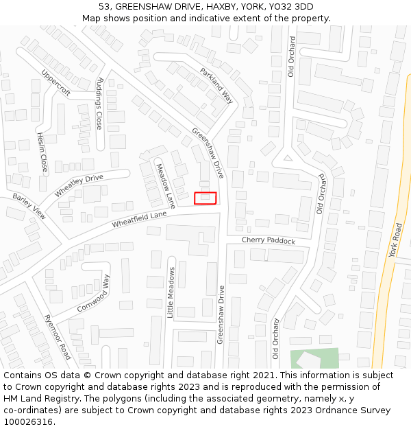 53, GREENSHAW DRIVE, HAXBY, YORK, YO32 3DD: Location map and indicative extent of plot