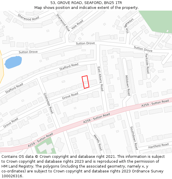 53, GROVE ROAD, SEAFORD, BN25 1TR: Location map and indicative extent of plot