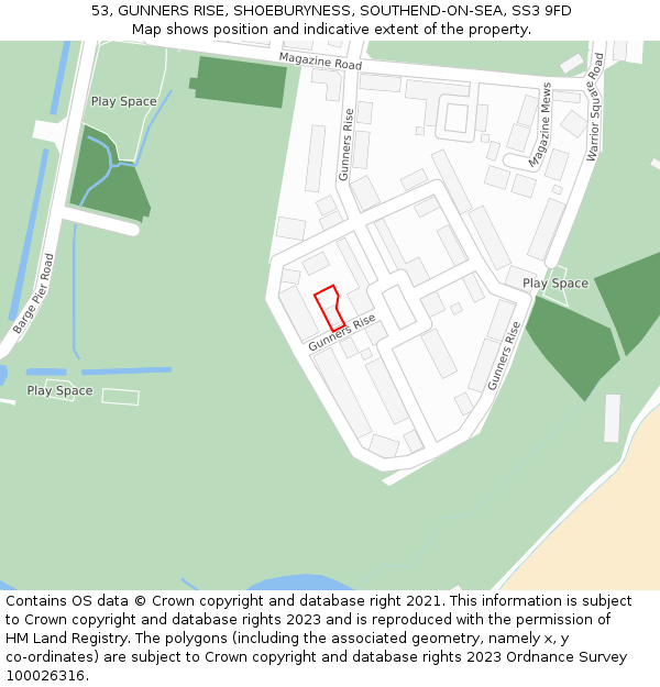 53, GUNNERS RISE, SHOEBURYNESS, SOUTHEND-ON-SEA, SS3 9FD: Location map and indicative extent of plot