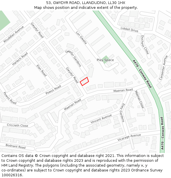 53, GWYDYR ROAD, LLANDUDNO, LL30 1HX: Location map and indicative extent of plot