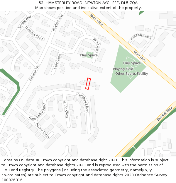 53, HAMSTERLEY ROAD, NEWTON AYCLIFFE, DL5 7QA: Location map and indicative extent of plot