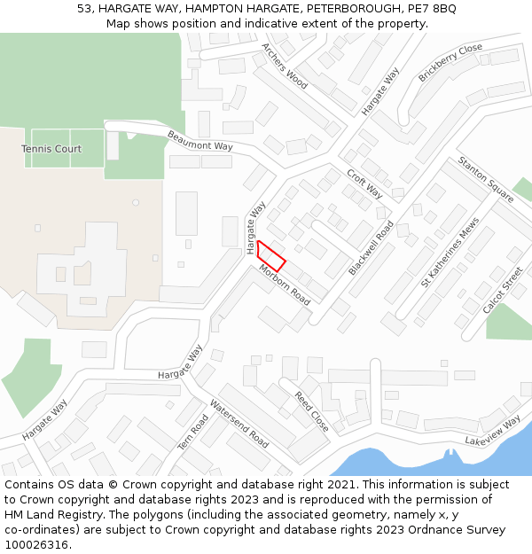 53, HARGATE WAY, HAMPTON HARGATE, PETERBOROUGH, PE7 8BQ: Location map and indicative extent of plot