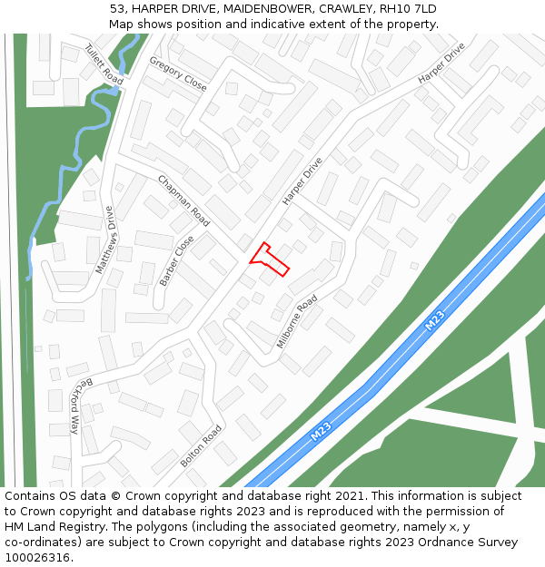 53, HARPER DRIVE, MAIDENBOWER, CRAWLEY, RH10 7LD: Location map and indicative extent of plot