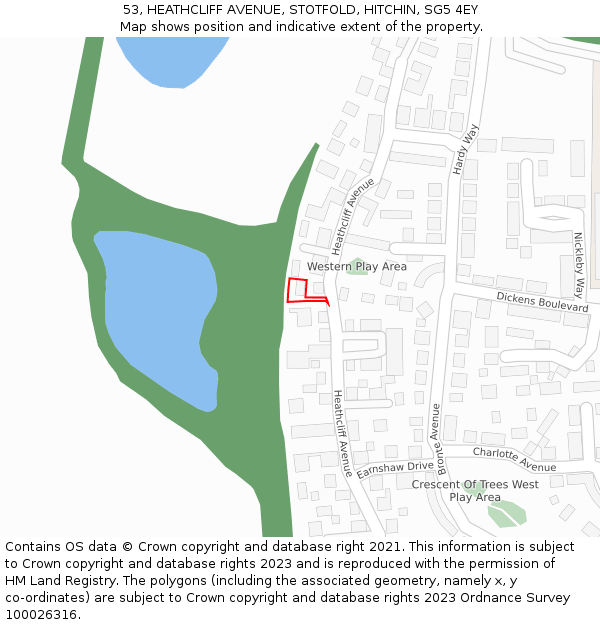 53, HEATHCLIFF AVENUE, STOTFOLD, HITCHIN, SG5 4EY: Location map and indicative extent of plot