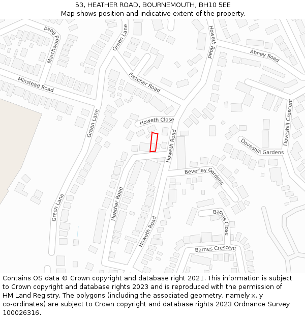 53, HEATHER ROAD, BOURNEMOUTH, BH10 5EE: Location map and indicative extent of plot