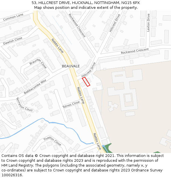 53, HILLCREST DRIVE, HUCKNALL, NOTTINGHAM, NG15 6PX: Location map and indicative extent of plot