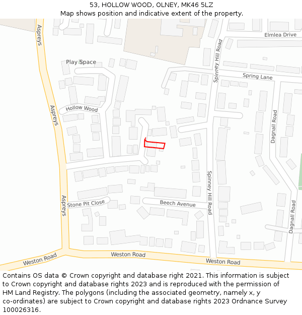 53, HOLLOW WOOD, OLNEY, MK46 5LZ: Location map and indicative extent of plot