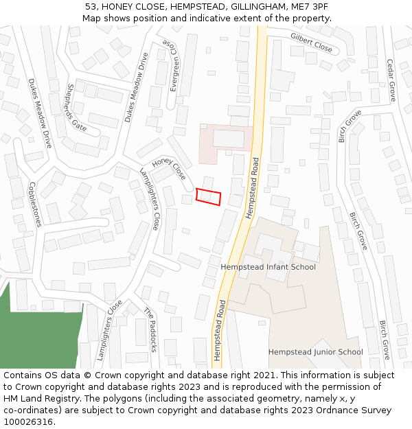 53, HONEY CLOSE, HEMPSTEAD, GILLINGHAM, ME7 3PF: Location map and indicative extent of plot