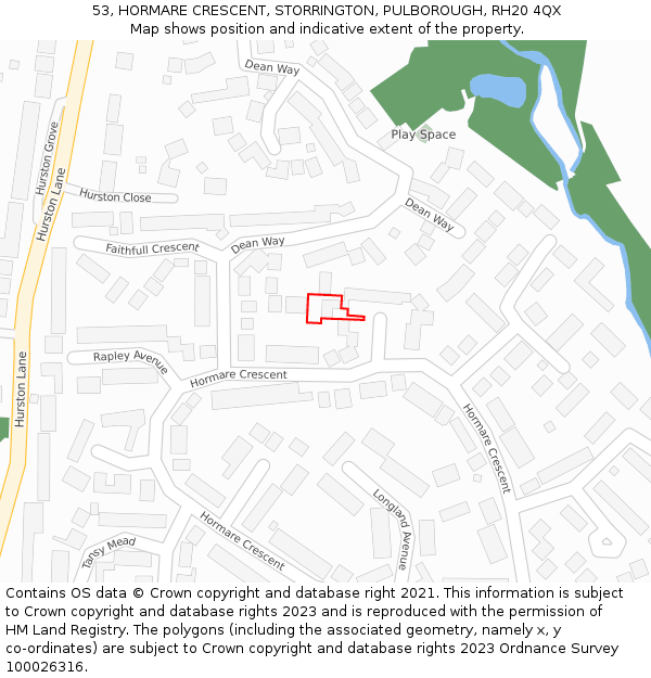 53, HORMARE CRESCENT, STORRINGTON, PULBOROUGH, RH20 4QX: Location map and indicative extent of plot