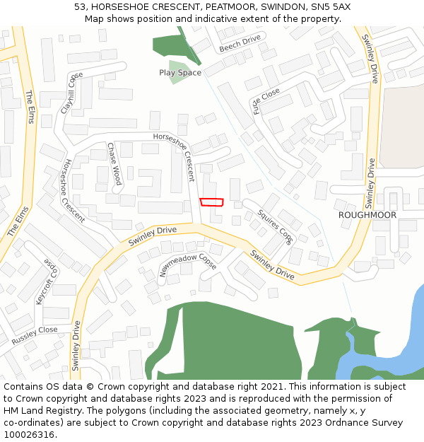 53, HORSESHOE CRESCENT, PEATMOOR, SWINDON, SN5 5AX: Location map and indicative extent of plot