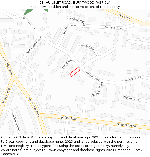 53, HUNSLET ROAD, BURNTWOOD, WS7 9LA: Location map and indicative extent of plot