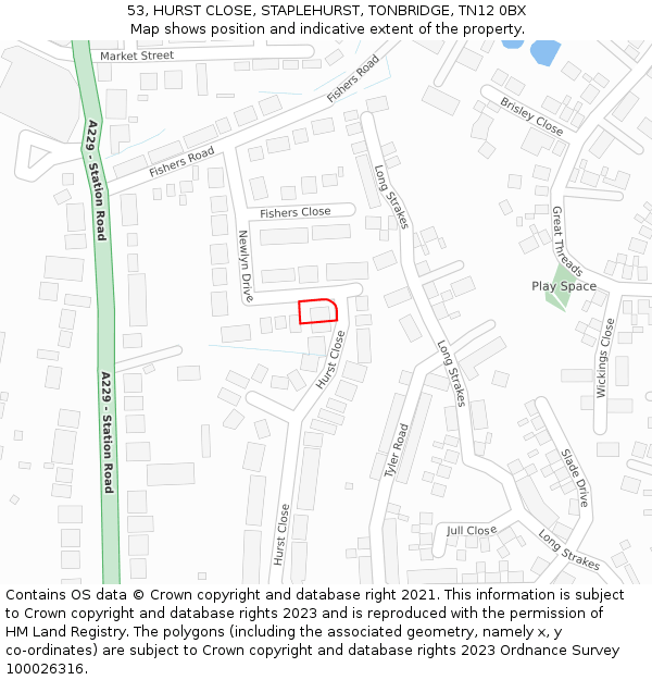 53, HURST CLOSE, STAPLEHURST, TONBRIDGE, TN12 0BX: Location map and indicative extent of plot