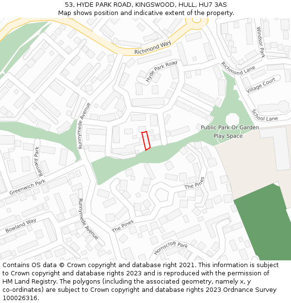 53, HYDE PARK ROAD, KINGSWOOD, HULL, HU7 3AS: Location map and indicative extent of plot