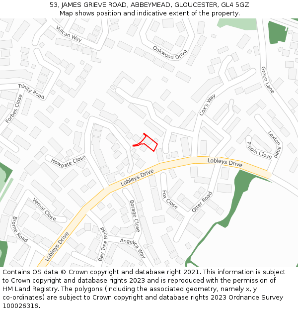 53, JAMES GRIEVE ROAD, ABBEYMEAD, GLOUCESTER, GL4 5GZ: Location map and indicative extent of plot