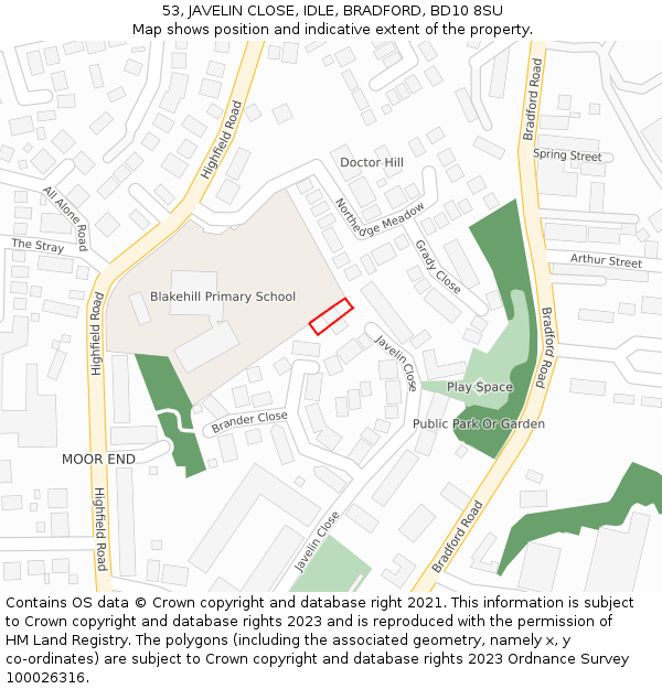 53, JAVELIN CLOSE, IDLE, BRADFORD, BD10 8SU: Location map and indicative extent of plot