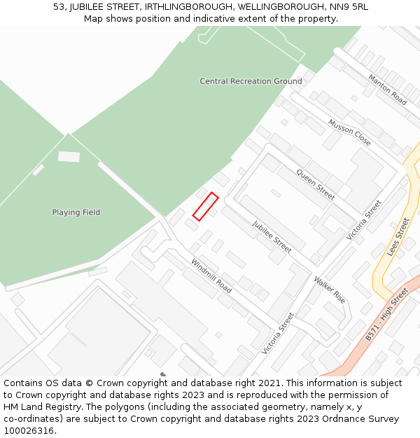 53, JUBILEE STREET, IRTHLINGBOROUGH, WELLINGBOROUGH, NN9 5RL: Location map and indicative extent of plot