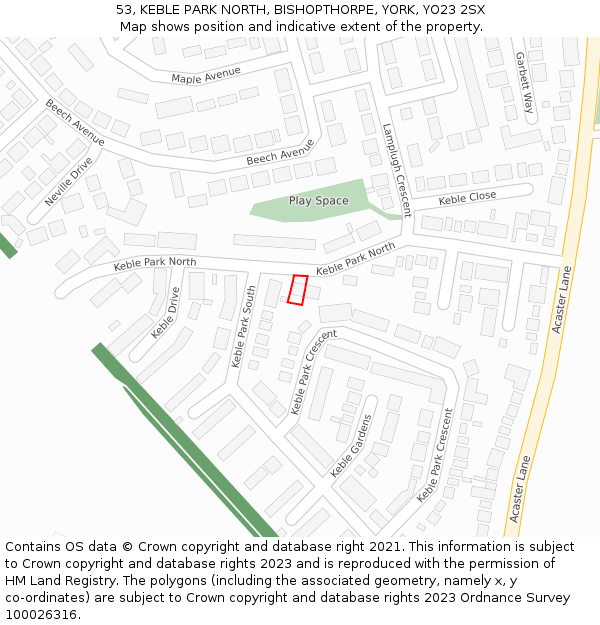 53, KEBLE PARK NORTH, BISHOPTHORPE, YORK, YO23 2SX: Location map and indicative extent of plot