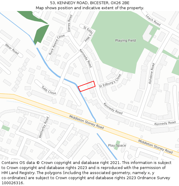 53, KENNEDY ROAD, BICESTER, OX26 2BE: Location map and indicative extent of plot