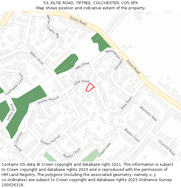 53, KILTIE ROAD, TIPTREE, COLCHESTER, CO5 0PX: Location map and indicative extent of plot