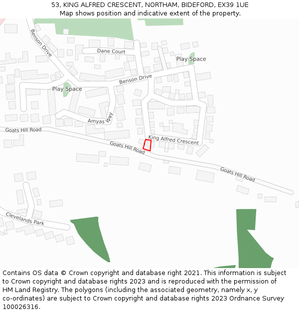 53, KING ALFRED CRESCENT, NORTHAM, BIDEFORD, EX39 1UE: Location map and indicative extent of plot