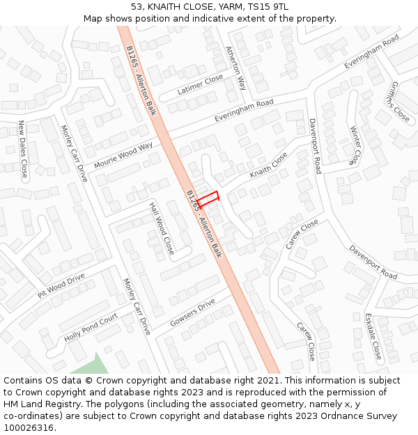 53, KNAITH CLOSE, YARM, TS15 9TL: Location map and indicative extent of plot
