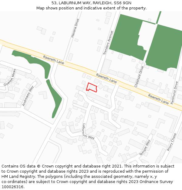 53, LABURNUM WAY, RAYLEIGH, SS6 9GN: Location map and indicative extent of plot