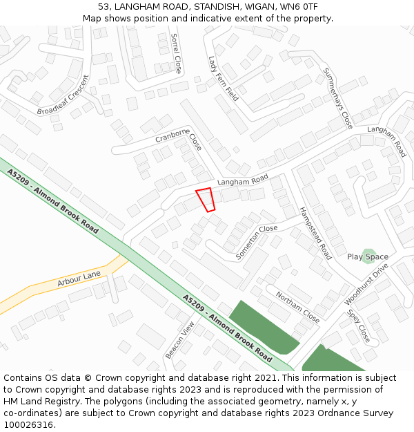 53, LANGHAM ROAD, STANDISH, WIGAN, WN6 0TF: Location map and indicative extent of plot