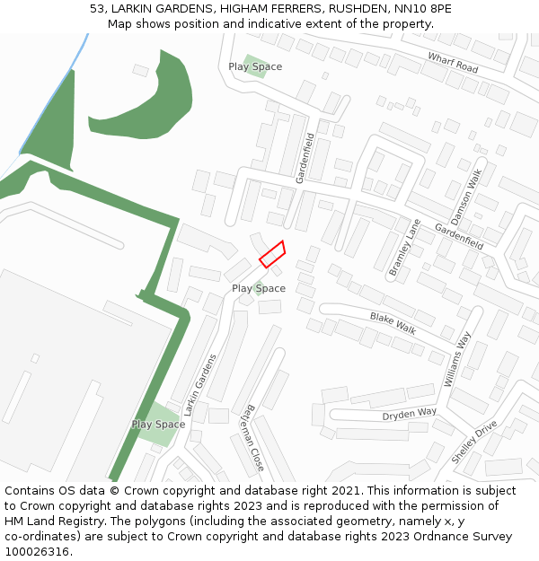 53, LARKIN GARDENS, HIGHAM FERRERS, RUSHDEN, NN10 8PE: Location map and indicative extent of plot