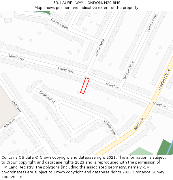 53, LAUREL WAY, LONDON, N20 8HS: Location map and indicative extent of plot