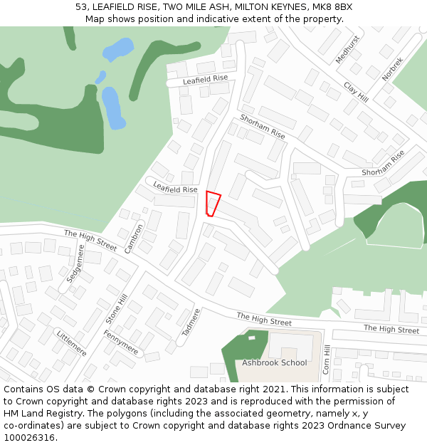 53, LEAFIELD RISE, TWO MILE ASH, MILTON KEYNES, MK8 8BX: Location map and indicative extent of plot