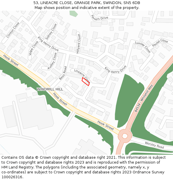 53, LINEACRE CLOSE, GRANGE PARK, SWINDON, SN5 6DB: Location map and indicative extent of plot