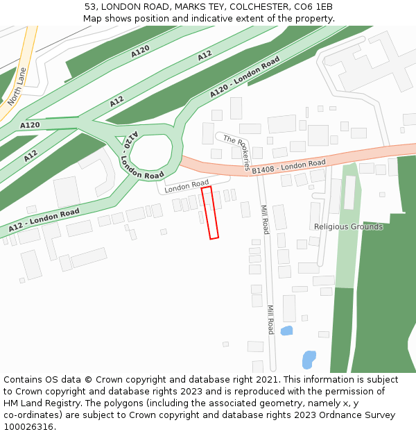 53, LONDON ROAD, MARKS TEY, COLCHESTER, CO6 1EB: Location map and indicative extent of plot