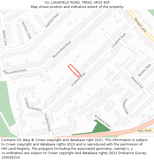 53, LONGFIELD ROAD, TRING, HP23 4DF: Location map and indicative extent of plot