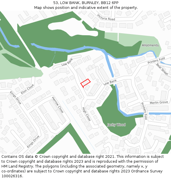 53, LOW BANK, BURNLEY, BB12 6PP: Location map and indicative extent of plot