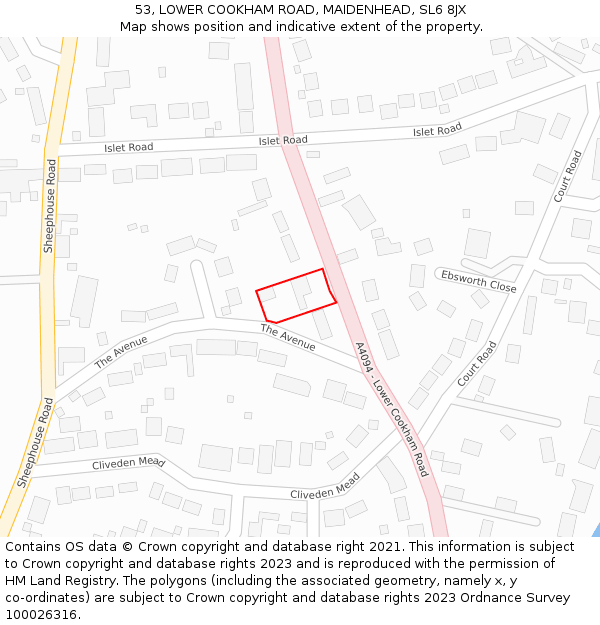 53, LOWER COOKHAM ROAD, MAIDENHEAD, SL6 8JX: Location map and indicative extent of plot