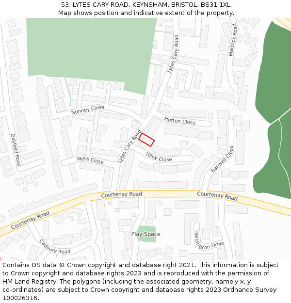 53, LYTES CARY ROAD, KEYNSHAM, BRISTOL, BS31 1XL: Location map and indicative extent of plot