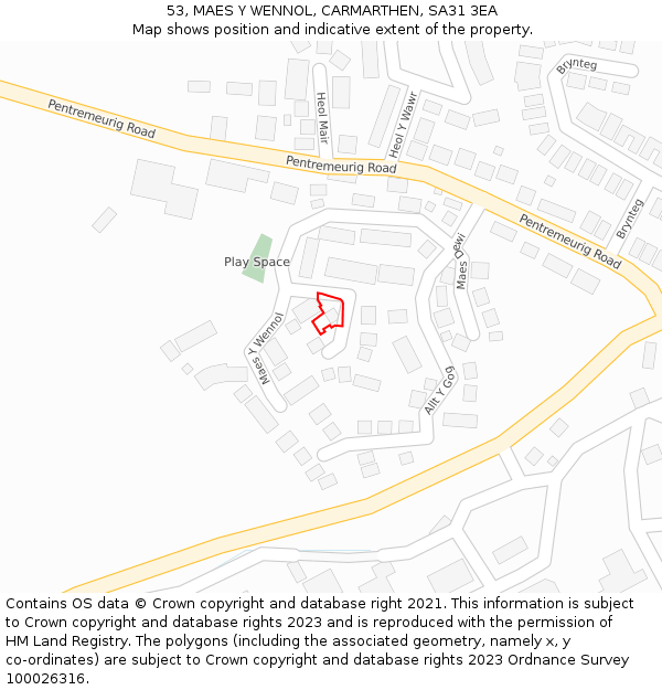 53, MAES Y WENNOL, CARMARTHEN, SA31 3EA: Location map and indicative extent of plot
