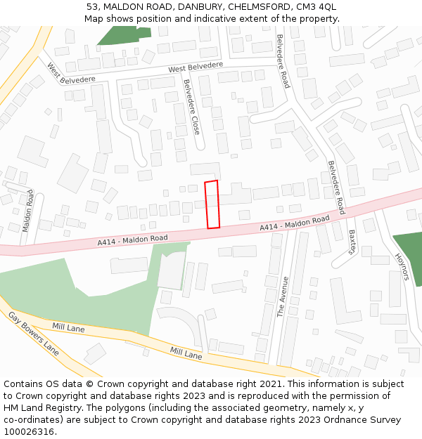 53, MALDON ROAD, DANBURY, CHELMSFORD, CM3 4QL: Location map and indicative extent of plot