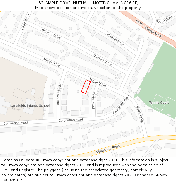 53, MAPLE DRIVE, NUTHALL, NOTTINGHAM, NG16 1EJ: Location map and indicative extent of plot